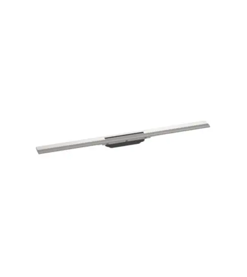 Edelstahl Duschrinne von Hansgrohe in gebürsteter Optik. Langes, flaches Design ohne sichtbare Anschlüsse. Geeignet für die Integration in Duschbereichen.